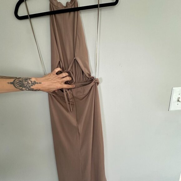Miss Avenue Taupe Ruched Halter Dress Size Small Y2K Goddesscore Sexy Draped - Picture 4 of 11